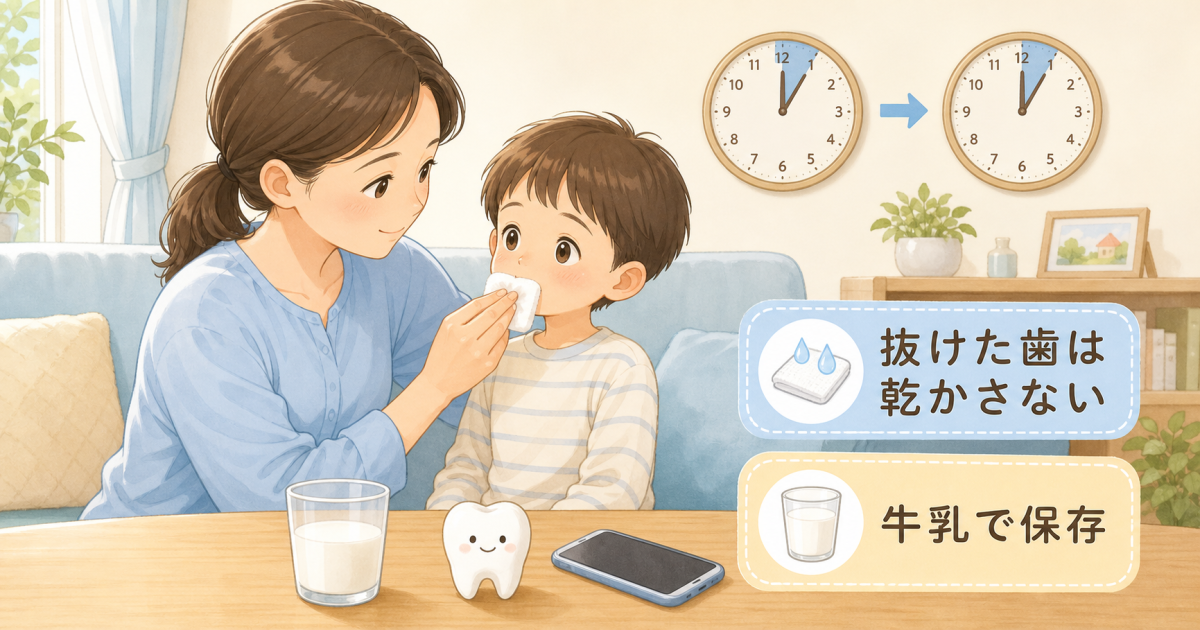 子どもの前歯が抜けた時の応急処置｜水洗い・牛乳保存と受診目安